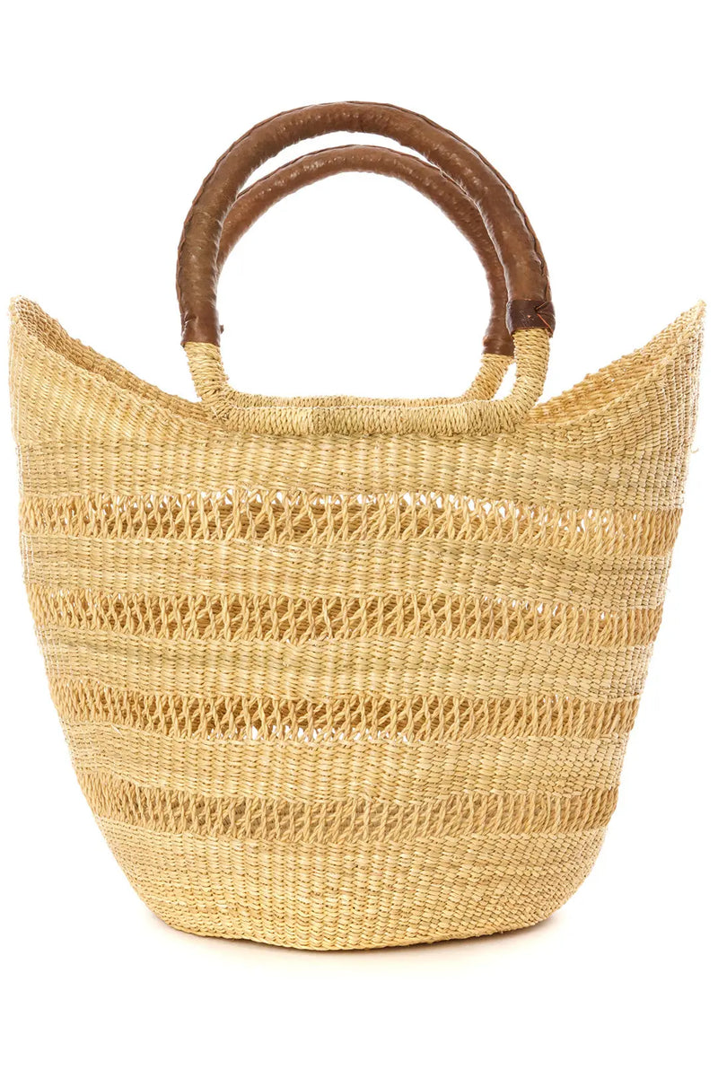 Natural Ghanaian Lacework Basket with Brown Leather Handles, FEEL AT HOM , Basket, Swahili African Modern @feelathom