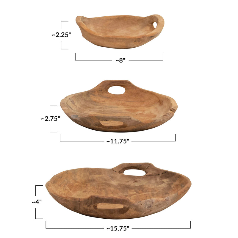 Teak Wood Bowls with Handles Set of 3, FEEL AT HOM , , Creative Co-Op @feelathom