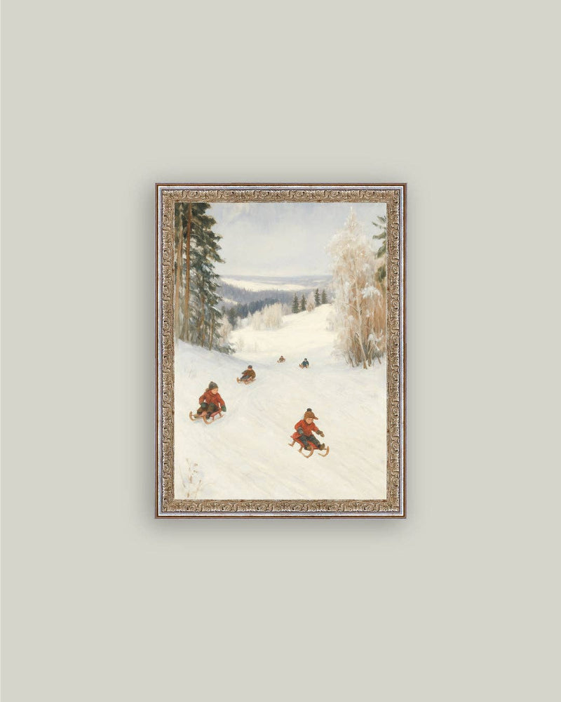 Sledding Hill Framed Antique Art: 8x10