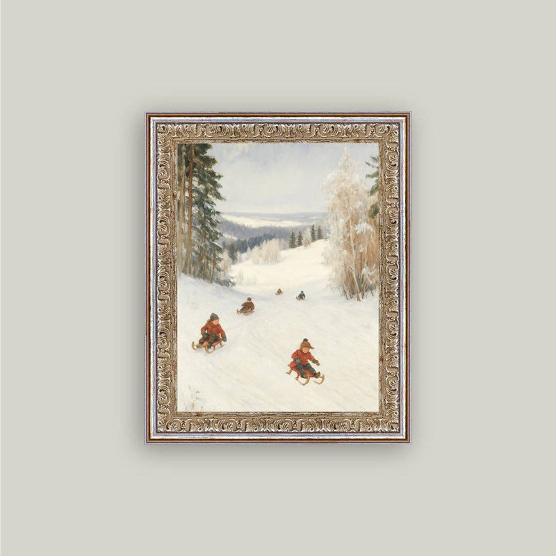 Sledding Hill Framed Antique Art: 8x10