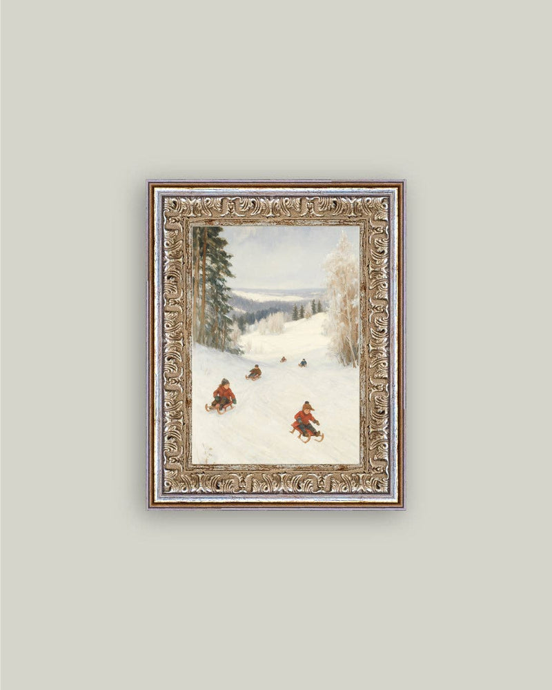Sledding Hill Framed Antique Art: 8x10
