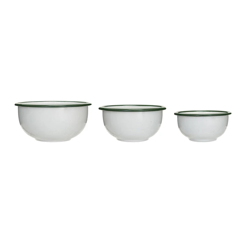 Set of 3 Enameled Bowls w/ Green Rim, FEEL AT HOM , , Creative Co-Op @feelathom