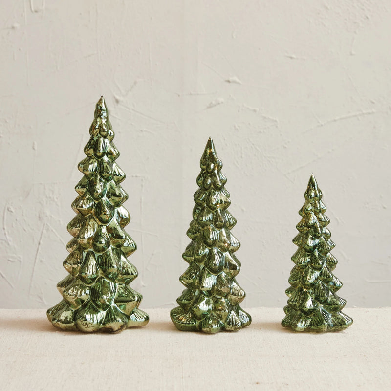 Set of 3 Green Mercury Glass LED Trees