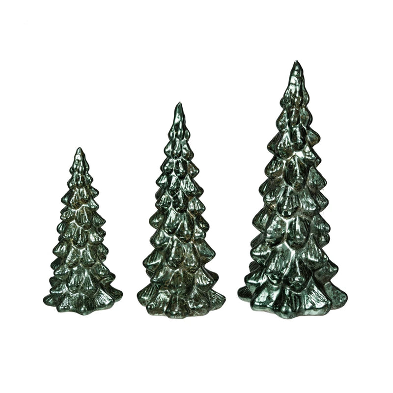 Set of 3 Green Mercury Glass LED Trees