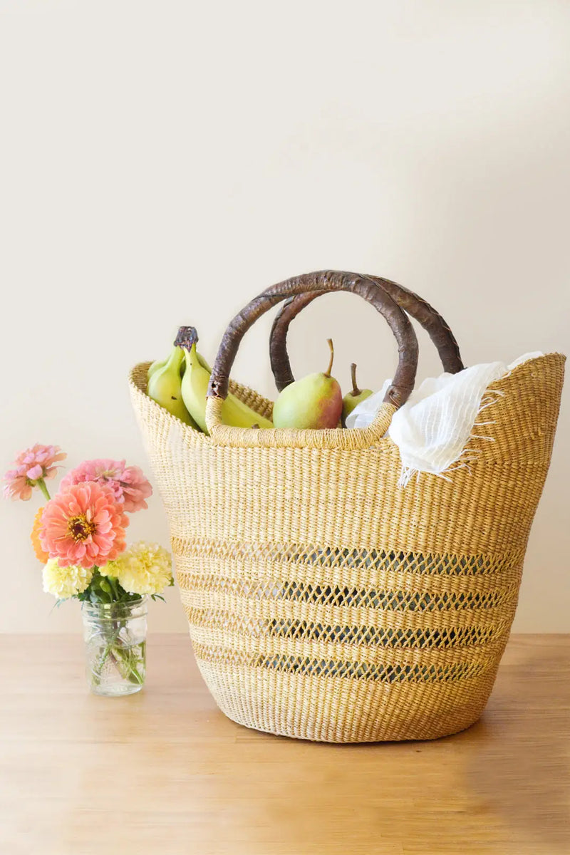 Natural Ghanaian Lacework Basket with Brown Leather Handles, FEEL AT HOM , Basket, Swahili African Modern @feelathom