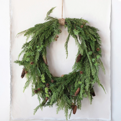 Faux Pine Wreath with Pinecones and Jute, HOM , Seasonal & Holiday Decorations, Creative Co-Op @feelathom